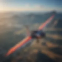 An aerial view of a slingshot trainer kite soaring against a blue sky.