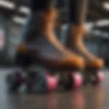 A close-up view of vibrant roller skates showcasing their unique design and color patterns.