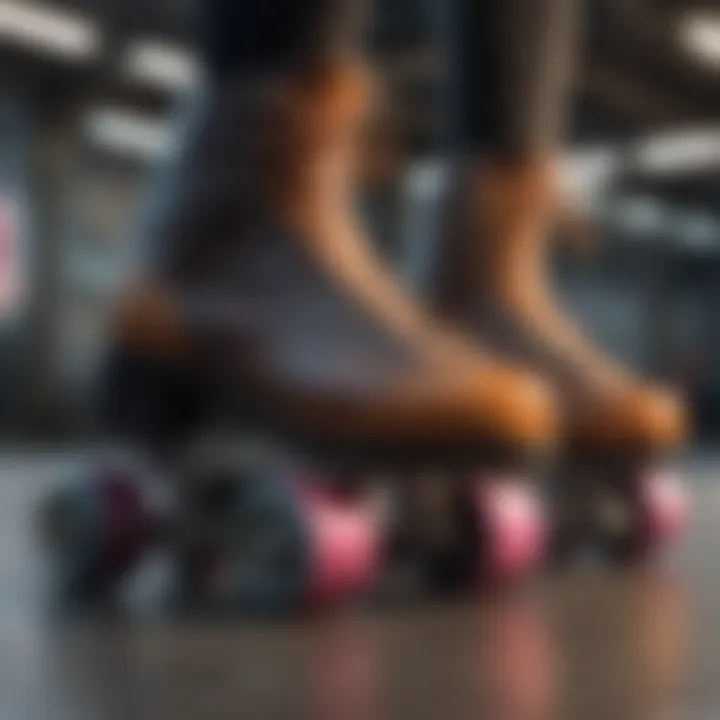 A close-up view of vibrant roller skates showcasing their unique design and color patterns.