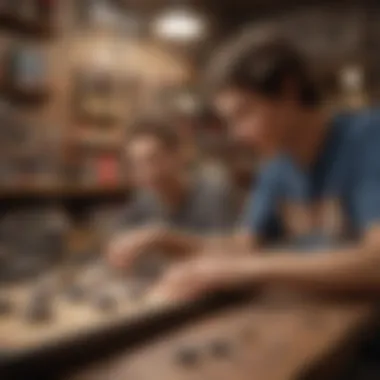 Youthful enthusiasts enjoying fingerboarding in a lively shop environment