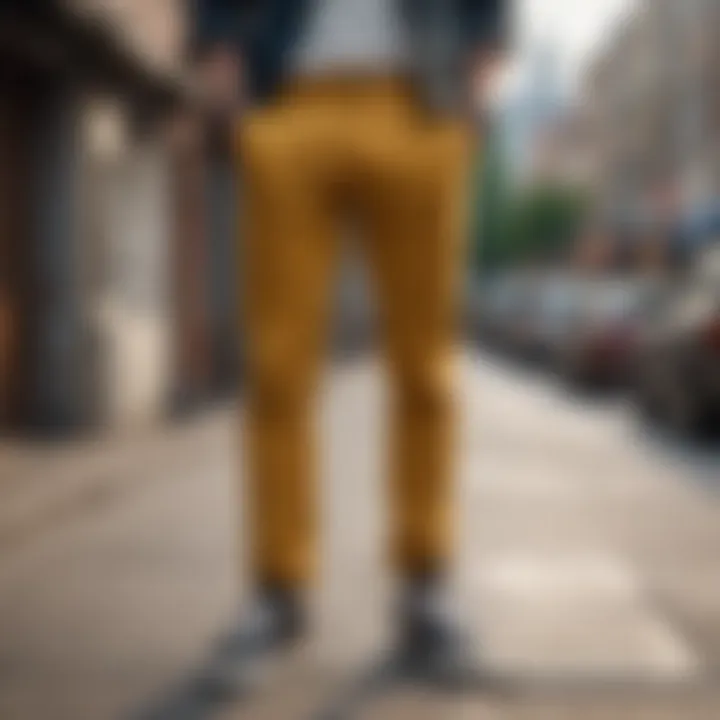 Stylish mustard pants paired with a casual shirt and sneakers.