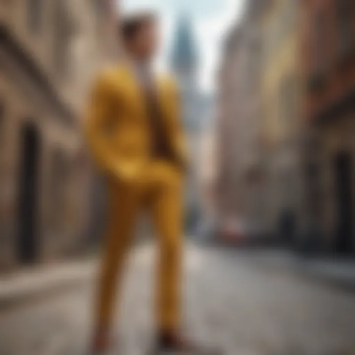 Formal look featuring mustard pants with a blazer and dress shoes.