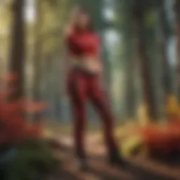 Dynamic red camo pants showcased in a natural outdoor setting