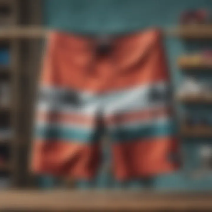 Variety of O'Neill board shorts displayed in a vibrant surf shop