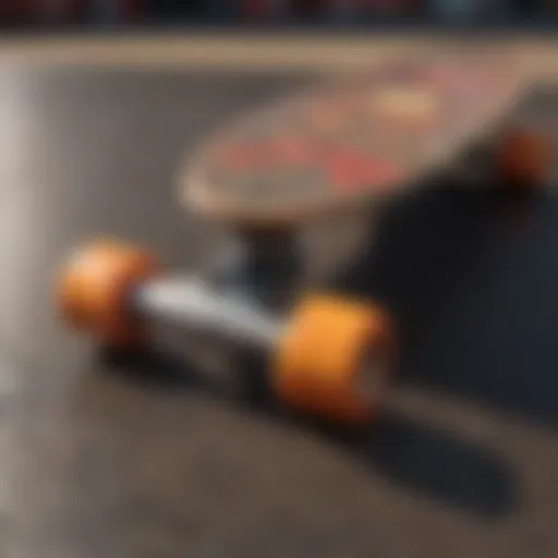 A close-up view of a small cruiser skateboard showcasing its unique deck design and vibrant graphics.