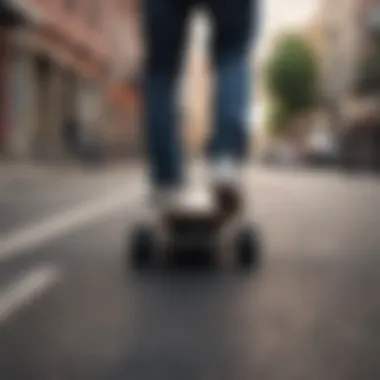 An urban scene with a rider effortlessly maneuvering a small cruiser skateboard through city streets.