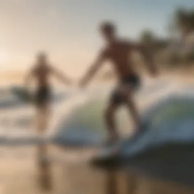 Group of skimboarders practicing techniques on the beach