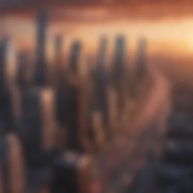 Diversity of Designs in Urban Skylines A breathtaking view of a city skyline at sunset showcasing architectural diversity.