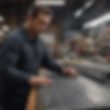 An individual inspecting a wing foil board at a marketplace, evaluating its condition.