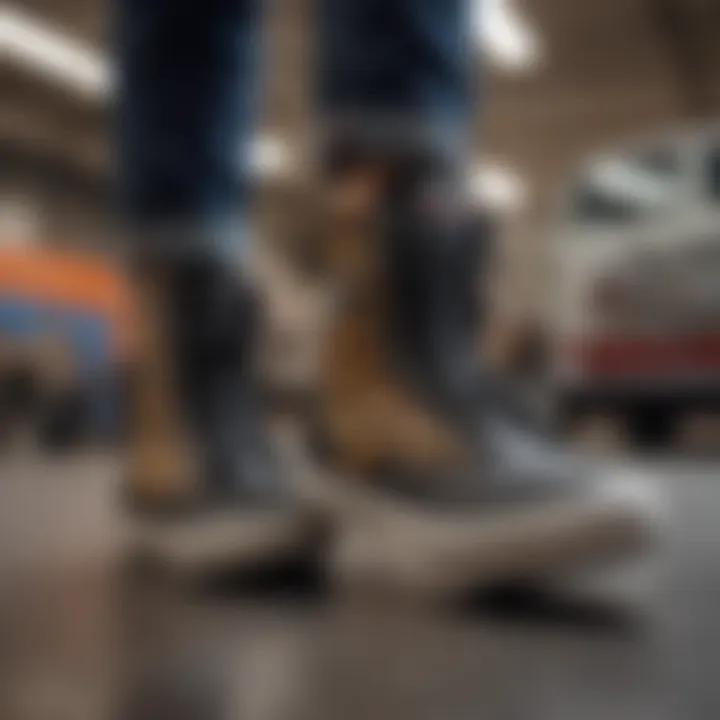 A fashion-forward individual styling Vans checkered boots in a contemporary outfit