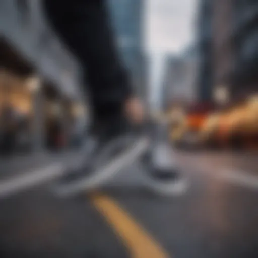 Classic black and white Vans high tops with a modern urban backdrop