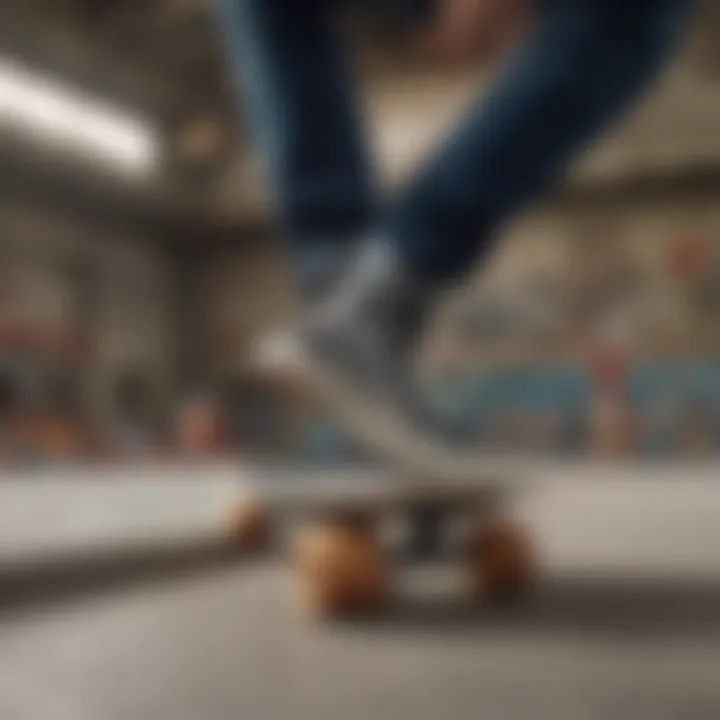 A skateboarder wearing Vans striped shoes while performing a trick at a skate park.