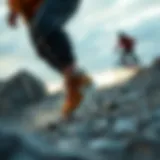 Dynamic action shot of athletes in tan Nikes on rugged terrain