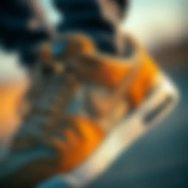 Close-up view of tan Nikes showcasing design details