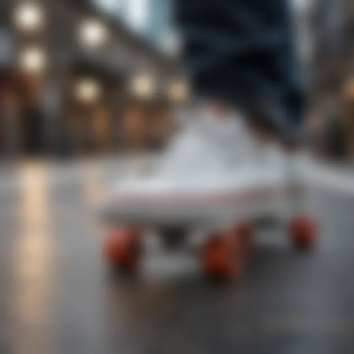 Stylish white skate shoes on a skateboard