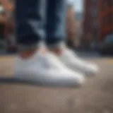 White vans with checkered soles displayed against a vibrant urban backdrop.