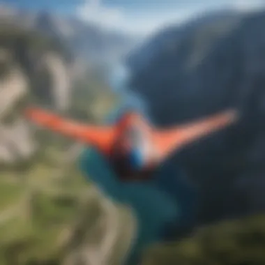 A wingsuit flyer soaring through the sky above breathtaking landscapes