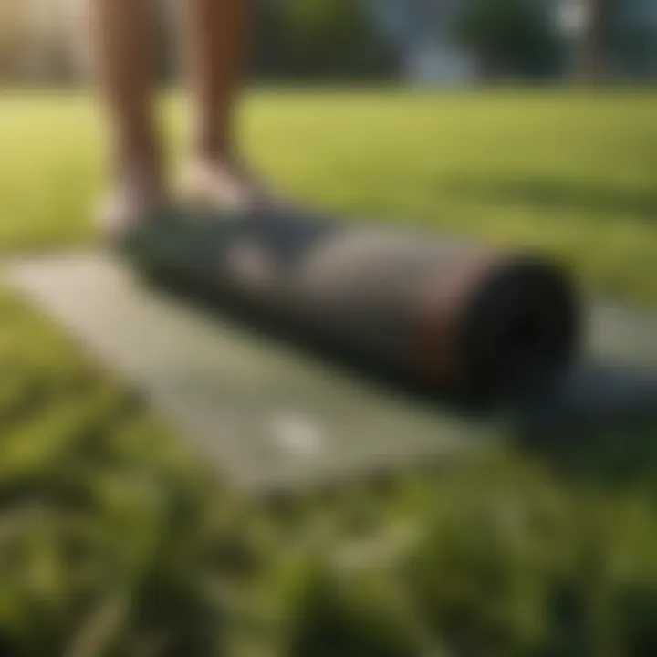 An outdoor yoga session with vibrant yoga mats placed on green grass.