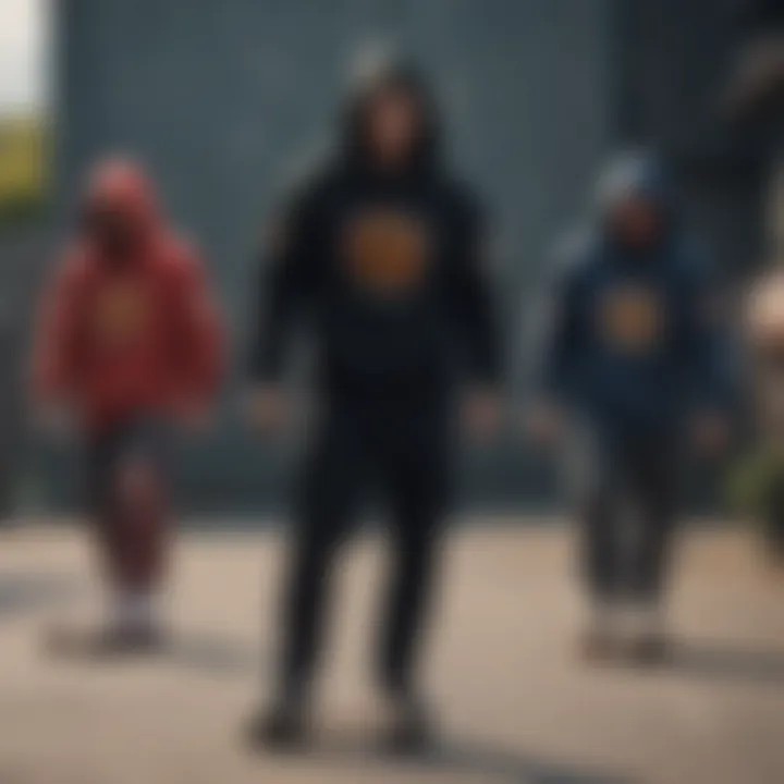 A group of extreme sports enthusiasts wearing Demon Slayer hoodies while skateboarding.