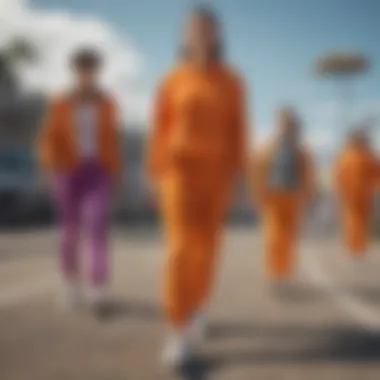 Community Vibe: Enthusiasts in Colorful Joggers Group of extreme sports enthusiasts wearing colorful joggers, including orange