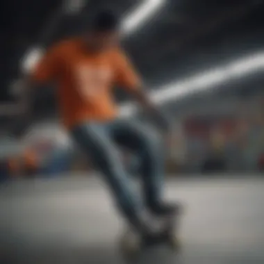 An extreme sports enthusiast wearing a graphic tee during a thrilling skateboarding session