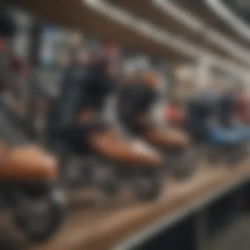 A close-up of various roller blades displayed in a store, showcasing different designs and colors.