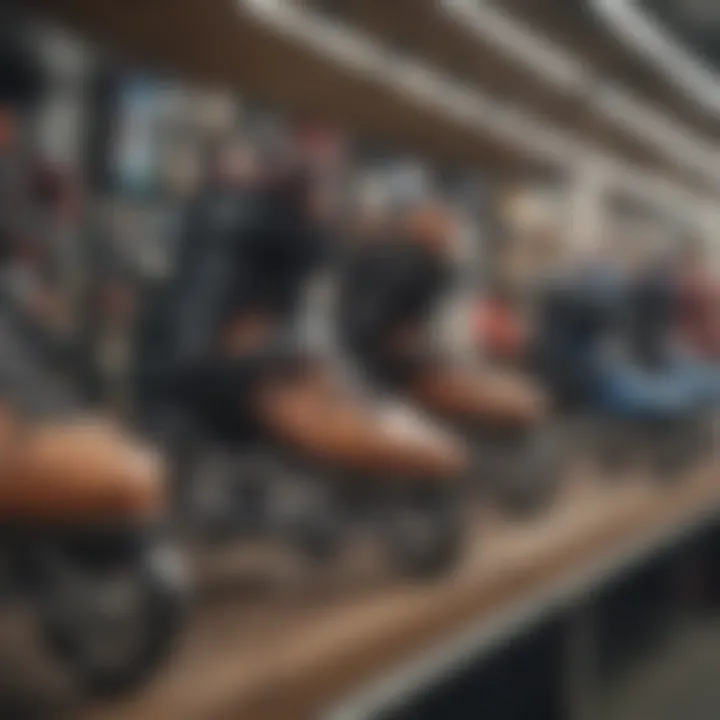 A close-up of various roller blades displayed in a store, showcasing different designs and colors.