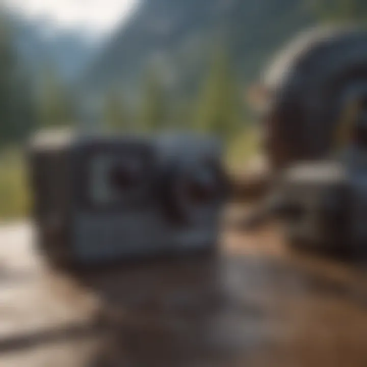 Close-up of various GoPro accessories laid out on a textured surface.