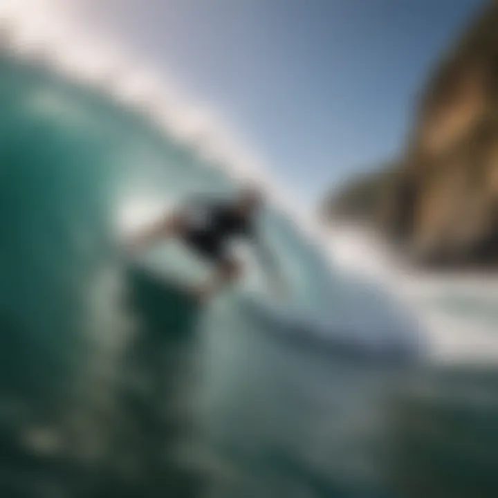 A scenic view of a surfer riding a wave with a GoPro attached to the board.