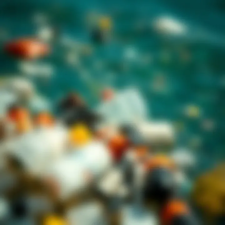 Close-up of Ocean Plastic Close-up of plastic debris floating in ocean waters, highlighting the composition of the garbage patch.