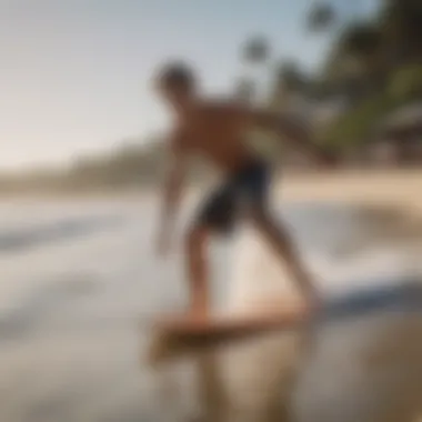 Beginner practicing skimboarding on a calm beach