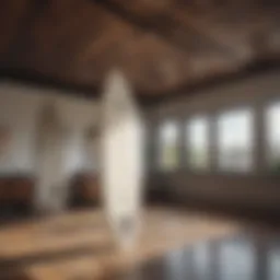 Sleek surfboard elegantly suspended from a ceiling, enhancing interior design