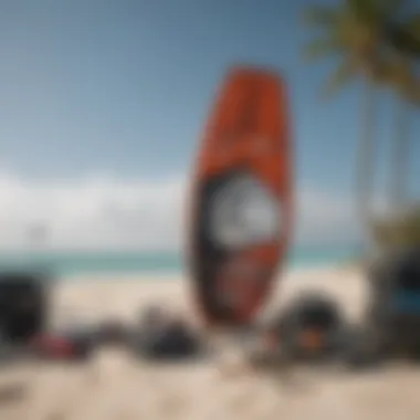 An array of high-quality kiteboarding gear displayed on the beach