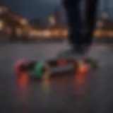 A vibrant electric skateboard illuminated by colorful LED lights at night