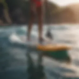 A vibrant inflatable paddle board designed for surfing waves