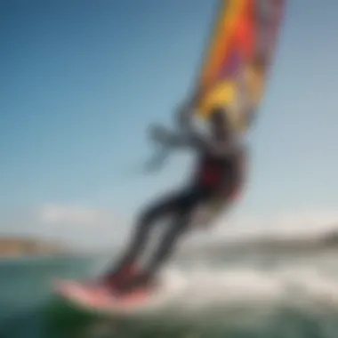 A kiteboarder in action, skillfully maneuvering on the waves with vibrant kites in the background