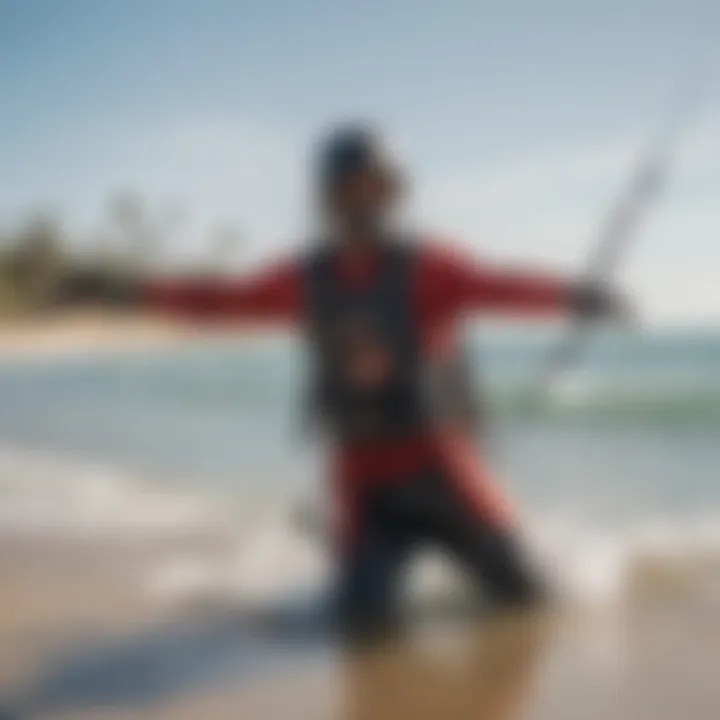 An instructor providing safety tips and guidance to novice kiteboarders on the beach