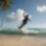 A serene beach with kitesurfers taking advantage of the wind and waves