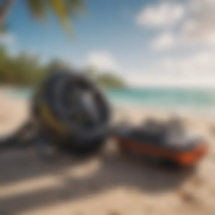 Close-up of kitesurfing equipment set against a vibrant Caribbean backdrop