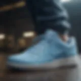Artistic display of light blue Nike sneakers showcasing innovative design features