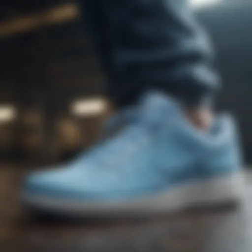 Artistic display of light blue Nike sneakers showcasing innovative design features