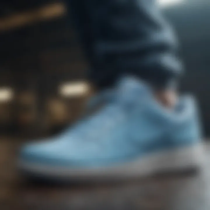 Artistic display of light blue Nike sneakers showcasing innovative design features
