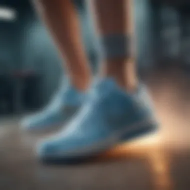Dynamic action shot of light blue Nike sneakers in an extreme sports setting