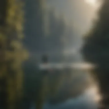 Serene lake with a paddle boarder gliding across the surface