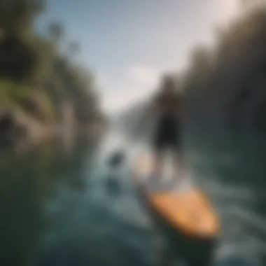 Paddle boarder practicing techniques in calm waters