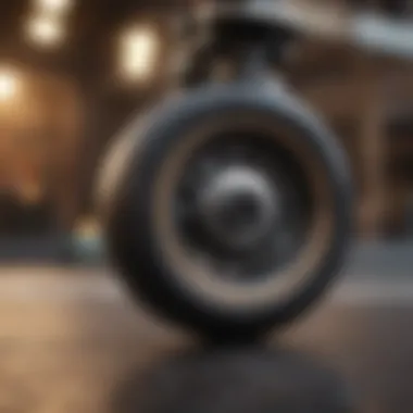 Close-up of skateboard wheels during an ollie