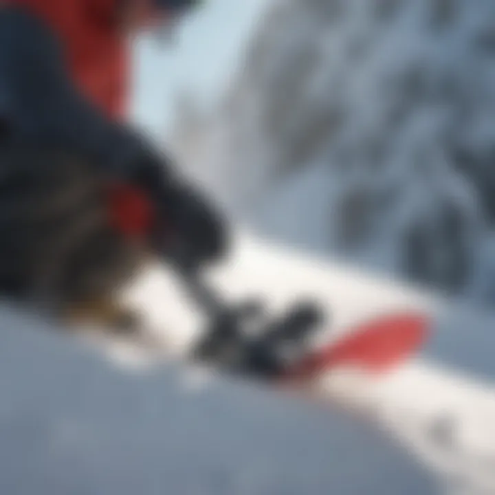 A snowboarder adjusting bindings on a snowy slope