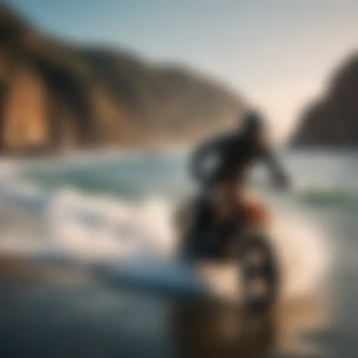 A scenic view of a coastline with riders enjoying moto surf.