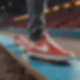 Dynamic display of multi-color Nike Blazers on a skateboard track