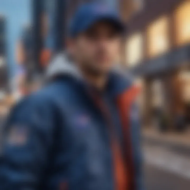 Stylish individual showcasing the NASA blue jacket in an urban setting